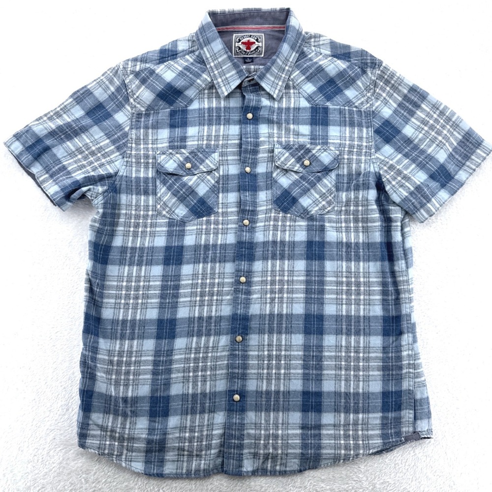Desert Son Flag & Anthem Mens Western Shirt L Blue Plaid Pearl Snap Short Sleeve